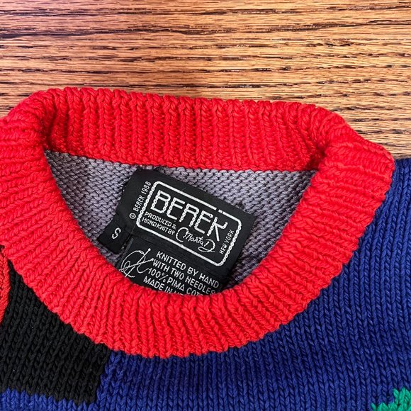 Vtg BEREK Cotton Hand Knit Ugly Christmas Sweater Tree Santa Metallic Small S - Picture 7 of 15